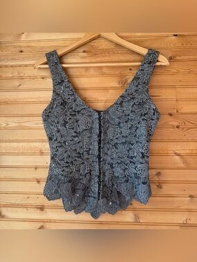 VTG 90s Gigi Clark Modern Couture Corset Silver Silk Sz 1 (4/6) Brocade Lace
